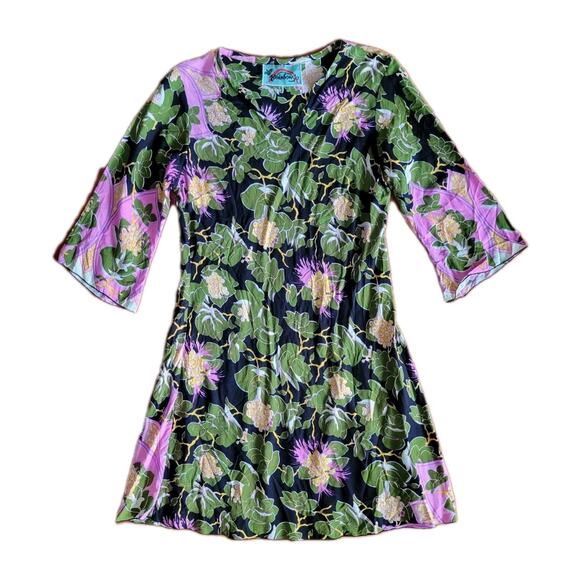 Rainbow Jo Dress V Neck Tunic Womens Medium 3/4 Sleeve Green Pink Tropical - Picture 1 of 6